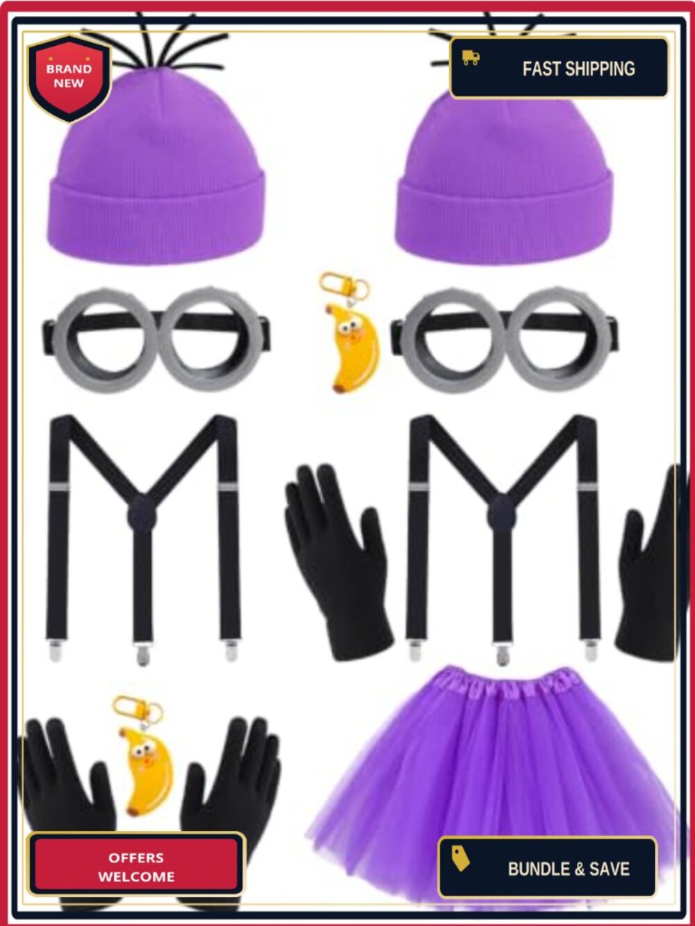 Adult Couples Halloween Costume Set Faux Hair Beanie Goggles Suspenders Tutu